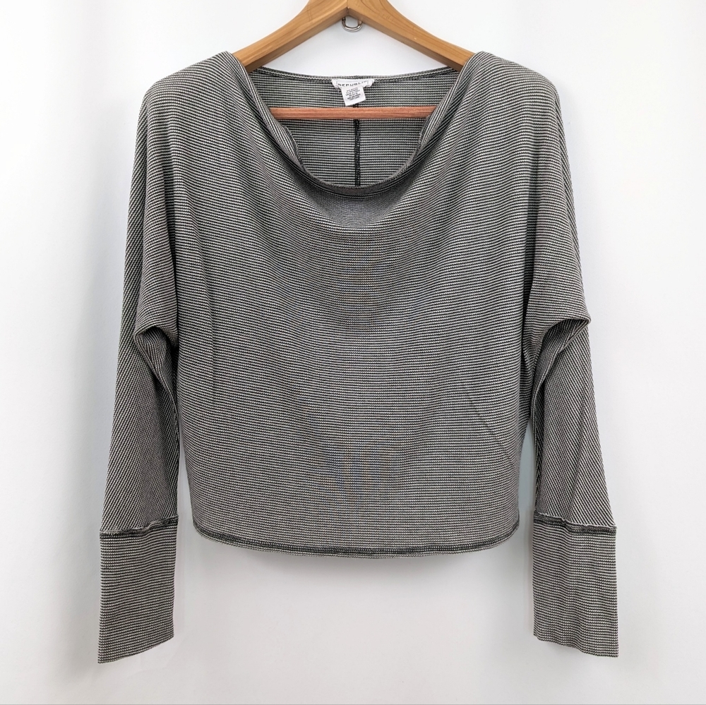 For The Republic Top Draped Scoop Neck Striped Wide Cuffs Stretchy Knit Gray M